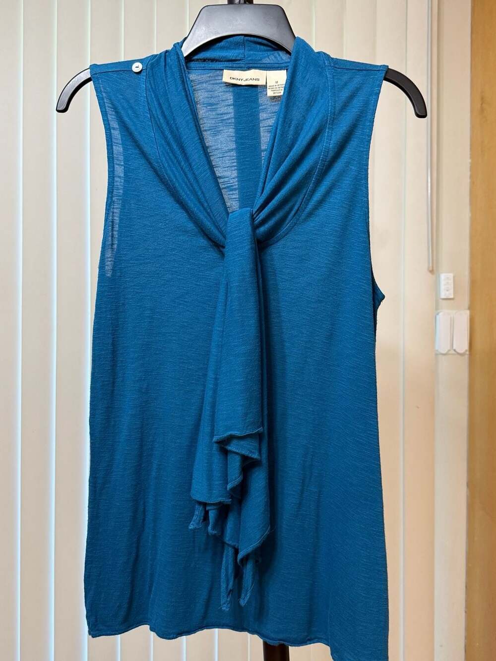 DKNY Jeans Women's Teal Blue Sleeveless Ruched Tie Neck Top Size M